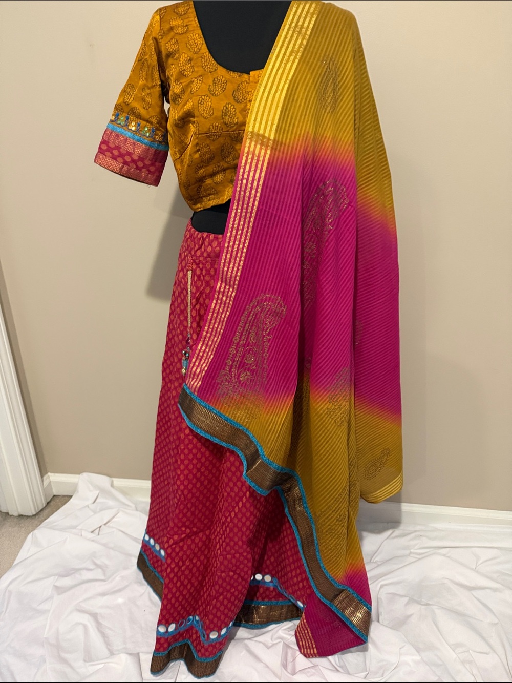 Women's Colorblock Pink and Gold Traditional Lehenga Set